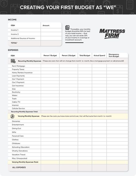 mattress firm budget tracker for couples Couple Saving Money, Apartment Decorating For Couples, First Apartment Tips, Budget Worksheet, Apartment Decorating On A Budget, Kitchen Organization Diy, Shed Plan, Saving Money Budget, Savings Strategy