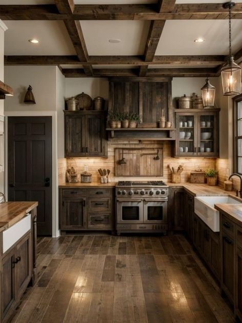 Rustic Lake House Kitchen, Diy Farm Kitchen, Vintage Barndominium Ideas, Farmhouse Barndominium Ideas, Kitchen Log Home, Log Cabin Homes Interior Kitchen, Rustic Barndominium Interior, Barndominium Kitchen Open Concept, Lake House Kitchen Ideas