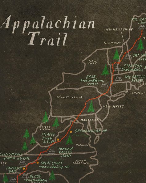 A few years ago I illustrated my first Appalachian Trail map…..but I really wanted to make some tweaks and re-release it, and this was the perfect collection to do that in!🌲 There are two new versions with different font/style, with a light and dark version. The first version was a top seller in the print shop and at local shows for me for a while, which is super fun! We live very close to the start of the Appalachian Trail and we hike parts of the trail often, so it holds a special place ... Appalachian Mountains Map, Hiking Appalachian Trail, Appalachian Trail Map, Walter Mitty, The Appalachian Trail, Vision Quest, Hiking Map, Trail Map, Mind Control