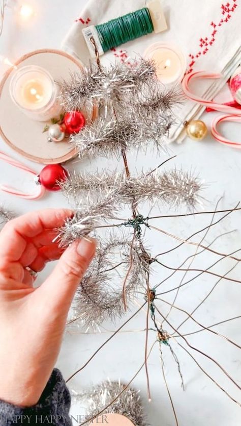 Vintage Tinsel Tree DIY - Happy Happy Nester Old Ornaments Ideas, Feather Trees Christmas Vintage, Diy Vintage Inspired Ornaments, Vintage Tinsel Tree, Tinsel Christmas Decorations, Bead Tree Diy, Diy Vintage Ornaments Christmas, Diy Pipe Cleaner Christmas Tree, Upcycled Christmas Decor Diy Ideas