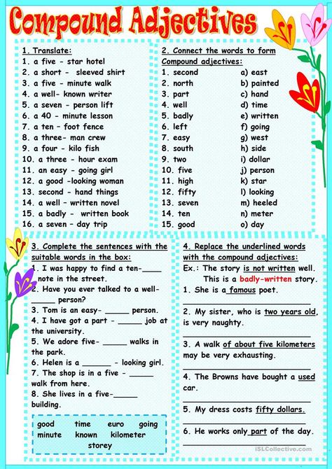 Compound Adjectives Compound Adjectives, Adjectives Exercises, Adjectives Esl, Teaching Adjectives, Compound Words Worksheets, English Grammar Test, English Adjectives, Adjective Worksheet, Word Formation