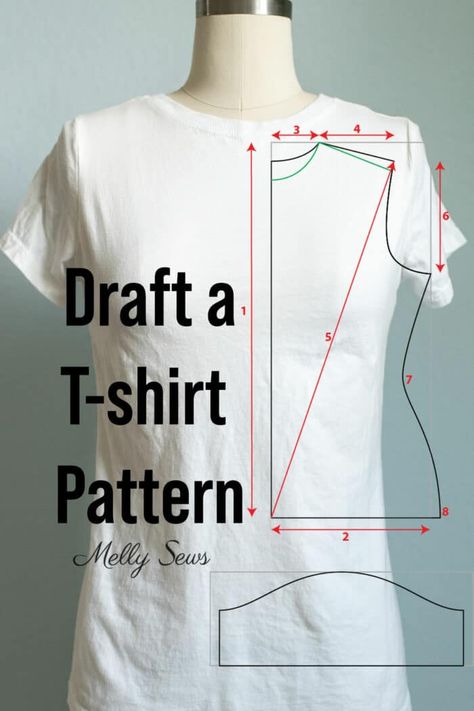 How To Draft A T-Shirt Pattern from Measurements - Melly Sews Knit Shirt Pattern, Circle Skirt Tutorial, Learn Sewing, T Shirt Sewing, Melly Sews, T Shirt Hacks, T Shirt Sewing Pattern, Sewing Measurements, Sewing Blouses