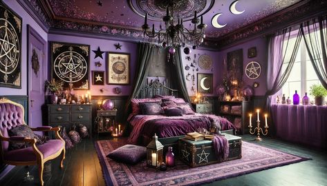 Welcome to 'Purple Witchy Bedroom Ideas,' where we brew up a mystical vibe with a dash of purple magic! Ever wondered what it’s like to sleep in a room that whispers tales of enchantment each night? What if your bedroom could not only be your sleeping sanctuary but also your personal mystical retreat? Let's dive into a world where deep purple hues meet witchy decor, creating spaces that feel like stepping into a spellbinding story. Can a splash of purple and some whimsically witchy accents ... Purple Witchy Bedroom Ideas, Witchy Bedroom Ideas Victorian, Purple Witch Bedroom, Bedroom Ideas Witchy, Purple Goth Bedroom, Purple Witchy Bedroom, Witch Bedroom Ideas, Black And Purple Room, Purple And Black Room