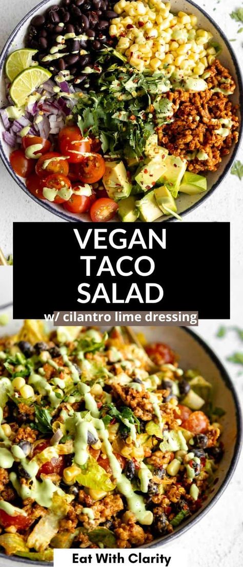 This simple vegan taco salad is fresh, easy to make, packed with protein from black beans and vegan taco meat. With tomatoes, corn and creamy avocado. This vegan salad is healthy and topped with a cilantro lime vinaigrette dressing. Vegan Taco Meat, Avocado Cilantro Dressing, Vegan Taco Salad, Vegan Tacos Meat, Cilantro Lime Vinaigrette, Vegan Taco, Vegan Summer Recipes, Cilantro Dressing, Taco Salad Recipes