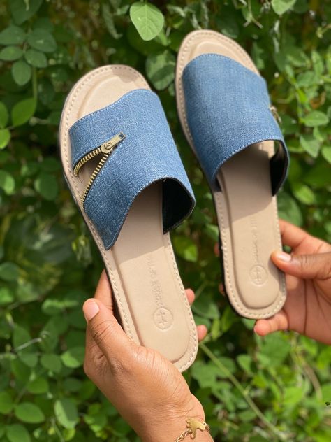 Denim Footwear, Aesthetic Sandals, Shoes Editorial, Handmade Footwear, Denim Slides, Jean Shoes, Fancy Sandals, Shoe Makeover, Diy Slippers