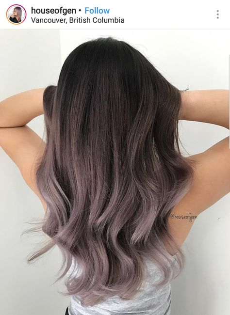 Lilac Ash Brown Hair, Mush Room Brown Hair, Unicorn Hair Dye On Dark Hair, Baylage Hair Winter, Subtle Lavender Hair, Lavender Tips Hair, Peek A Boo Hair Color Ideas Brown, Grey Bayalage Hair, Chocolate Lavender Hair