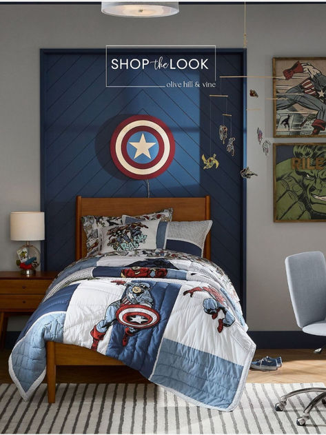 Looking for a "MARVEL”ous bedroom vibe for your little superhero? Imagine a space where Captain America and Hulk art sets the scene, personalized just for your guy. Add in a table lamp that doubles as a collection holder, cozy hero bedding, a Marvel mobile, and a light-up Captain America shield! Heroic dreams await!    Visit our website or find us on LTK to shop the look! Super Hero Bedroom Ideas For Boys, Boys Marvel Room, Kids Superhero Bedroom, Marvel Bedroom Ideas Boy Rooms, Boys Marvel Bedroom, Marvel Themed Bedroom, Modern Superhero Bedroom, Captain America Room, Hulk Bedroom