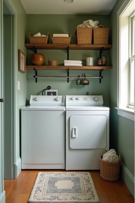 Rustic-chic laundry room with sage green walls and reclaimed wood shelves Laundry Room Ideas Green Walls, White And Green Laundry Room, Green Farmhouse Laundry Room, Laundry Room Green Walls, Color Drenched Laundry Room, Laundry Room Ideas Green, Sage Laundry Room, Laundry Room Wall Colors, Bold Laundry Room