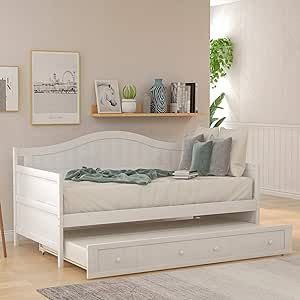 GINGVAT Twin Wooden Bed with Trundle, Solid Wood Daybed, Bedroom Furniture, White Wooden Daybed With Trundle, Trundle Bed Frame, Wooden Daybed, Twin Daybed With Trundle, Velvet Sofa Bed, Modern Daybed, Twin Daybed, Under Bed Drawers, Wood Daybed