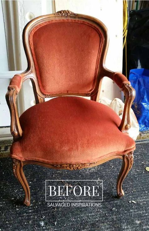 Gold Velvet Accent Chair Makeover - Salvaged Inspirations Diy Reupholster Chair Dining, Painted Velvet Chair, Painting Velvet Chair, Diy Chair Upholstery, Accent Chair Makeover, Antique Chairs Makeover, Vintage Accent Chairs, Deconstructed Furniture, French Chair Makeover