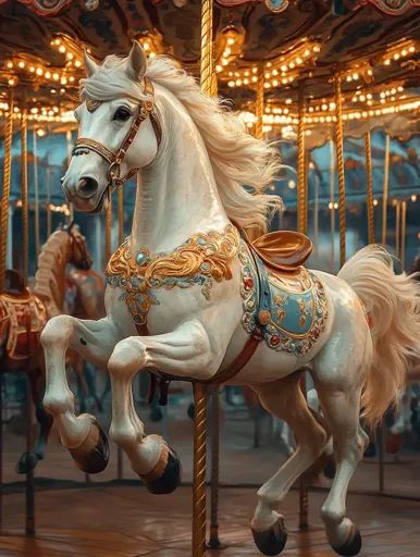 ↑↑↑ Larger size on website 🔸 A white carousel horse with a golden ornate saddle and bridle stands proudly in a carousel. It has a Dark Carousel Aesthetic, Carousel Illustration, Carousel Horse Tattoos, Carousel Photoshoot, Merry Go Round Horse, White Carousel, Horse In Motion, Merry Go Round Carousel, Horse Carousel