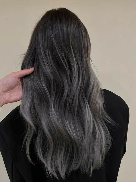 Ash Grey Balayage Highlights, Grey Korean Hair, Black Grey Balayage Hair, Ash Colored Hair Grey, Balayage Ash Grey Brown, Black Ash Hair Color, Brown Hair Grey Balayage, Ash Hair Color Balayage, Ash Grey Black Hair