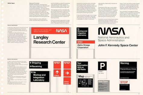 A page from the NASA Graphics Manual depicting layout of signs.  information design. branding guides. manuals. design history. branding standards. style guide. Nasa Graphic Design, Hip Graphic Design, Graphic Design Jobs, Manual Design, Style Guide Design, Brand Manual, Luxury Branding Design, Swiss Design, Brand Guide