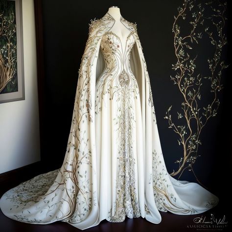 White elvish style gown with silver vine embroidery. Royal Wedding Dress, Old Fashion Dresses, Royal Dresses, Fantasy Dresses, Queen Dress, Fantasy Gowns, Fairytale Dress, فستان سهرة, Dresses Red