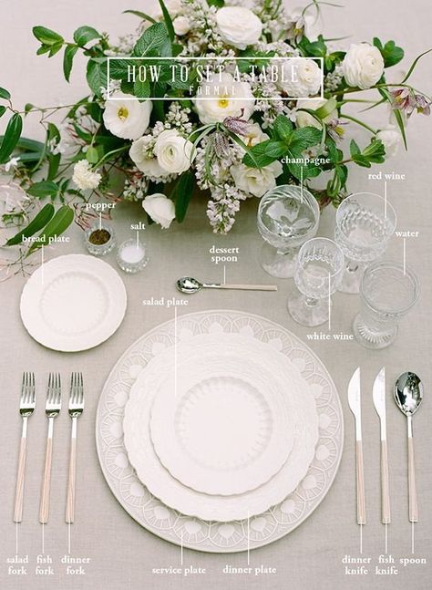 The Simple Guide To Proper Table Setting -Beau-coup Blog Formal Dinner Place Setting, Place Settings With Chargers, Dinner Table Setting Ideas Simple, White Plates Table Setting, Formal Table Setting Ideas, Formal Dinner Table Setting, Formal Place Setting, Proper Table Setting, Formal Dinner Table