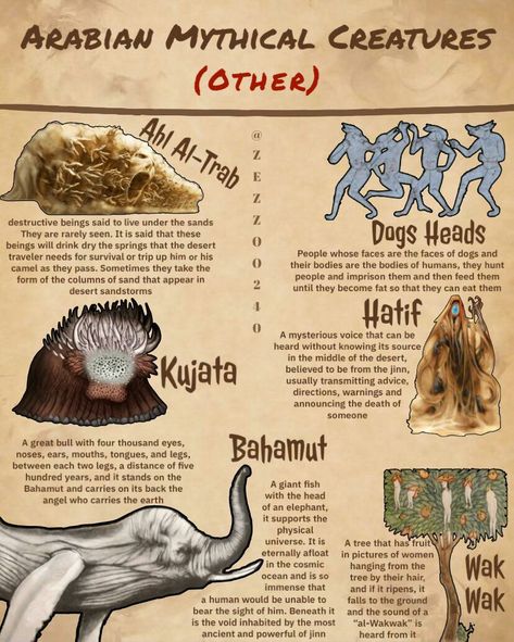 Mystical Creatures Mythology, Arabian Nights Aesthetic, Fantasy Creatures Mythology, Fantasy Story Ideas, Mythical Monsters, World Mythology, Legends And Myths, Ancient Books, Monster Hunter World