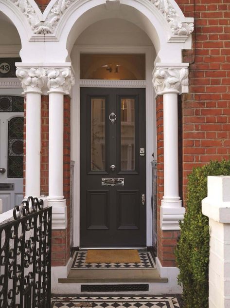 Front Door Design Ideas, Victorian Front Door, Front Doors Uk, Victorian Front Doors, Black Front Door, Door Design Ideas, Front Door Steps, Composite Front Door, Traditional Front Doors