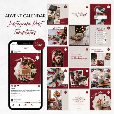 Make your holiday marketing easy and create a magical Instagram Christmas feed with this advent calendar post template!  What's included? - 24 Instagram Post templates in 1080px x 1080px (fully editable on Canva). Find the link to the template in the PDF file. How does it work? - Add the templates to your cart for purchase. Once payment is received you will receive a PDF with instructions and a link to your templates. They are completely customizable meaning you can edit the text, colors, images.#CanvaTemplates #SocialMediaDesign #InstagramIdeas #PinterestTemplates #CreativeCanva Christmas Instagram Feed Design, Holiday Feed Instagram, Christmas Instagram Post Design, Christmas Calendar Design, Christmas Instagram Templates, Advent Calendar Social Media, Instagram Advent Calendar, Christmas Instagram Post Ideas, Christmas Post Ideas Instagram