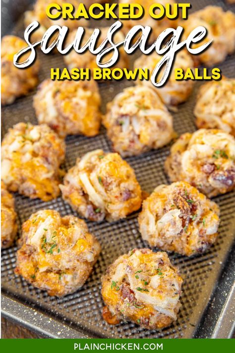 Cracked Out Sausage Hash Brown Balls – cream cheese sausage balls loaded with hash browns, cheddar, bacon, and ranch. Seriously the BEST sausage balls you’ll ever eat! Mix together sausage, Bisquick, Ranch mix, cheddar cheese, bacon, frozen hash browns, and cream cheese in your stand mixer and roll into balls. Can make in advance and freeze unbaked for a quick snack later. These are great for tailgating parties, and breakfast! Frozen Hash Browns, Sausage Cheese Balls, Cracked Out, Cream Cheese Sausage Balls, Sausage Balls Recipe, Simply Potatoes, Sausage Hash, Ranch Mix, Sausage Dishes