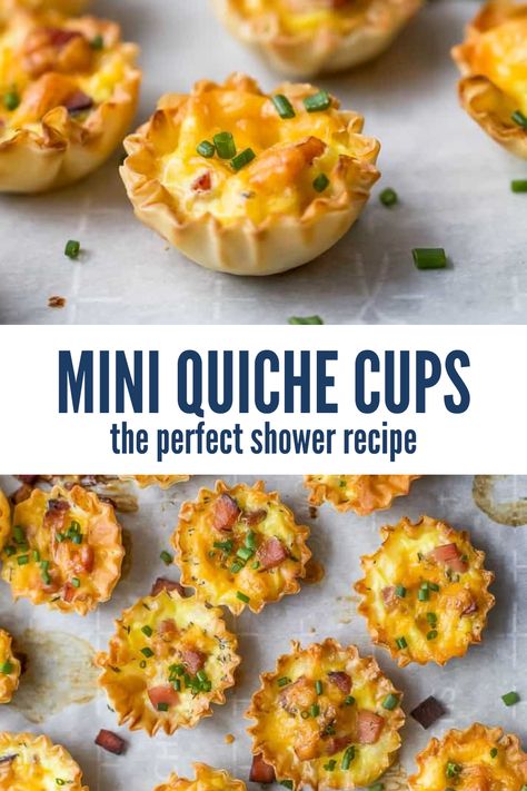 Looking for an easy and crowd-pleasing dish to serve at your next shower or brunch? Look no further than these Mini Ham and Cheese Quiche Cups! These little bites of cheesy goodness are wrapped in flaky phyllo dough and make the perfect addition to any menu. Whether you're hosting a Sunday Brunch or need an appetizer for a baby shower, these quiche cups are sure to impress your guests. So grab a muffin tin and get ready to enjoy these delicious and easy-to-make treats! Cute Brunch Food, Brunch For Small Group, Breakfast Quiche Mini, Engagement Brunch Food, Birthday Brunch Menu Ideas Easy, Brunch Finger Sandwiches, Brunch Bites Parties, Mini Pancake Bar Brunch Party, Brunch Dishes For Potluck