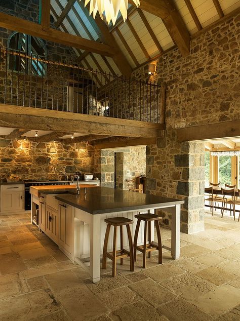 Classic farmhouse style setting offers the perfect opportunity to add a mezzanine level above the kitchen Barn Conversion Interiors, Barn Kitchen, Barn Living, Barn Interior, Barn Renovation, Barn Conversion, Stone Walls, Barn Style House, French House