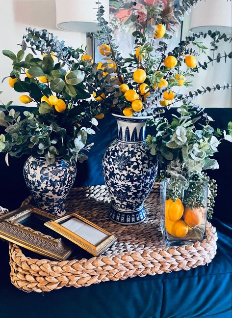 Lemon And Blue Table Decor, Blue And Lemon Decor, Amalfi Kitchen Decor, Amalfi Centerpiece, Positano Inspired Bathroom, Blue And White Italian Decor, Blue And Yellow Italian Decor, Amalfi Home Decor, Amalfi Coast Inspired Home Decor