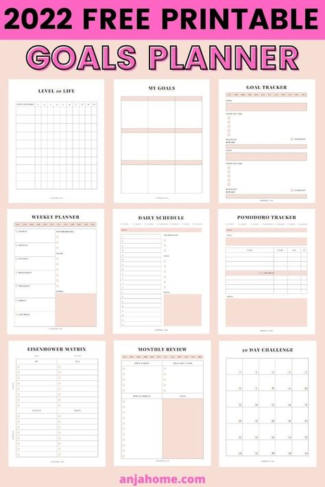 Download a free goal setting worksheet planner and plan 2022 to be the best year ever #anjahome #2022freeprintables #freebulletjournalprintables This cute goals planner template includes the following inserts: level 10 life chart, yearly goals, goal tracker, monthly calendar, weekly layouts, daily schedule, Pomodoro tracker, etc These pink 2022 goal planning sheets work great as a bullet journal, student binder, or life planner #free2022planner #freeplanner #2022bulletjournal Daily Goal Template, Month Goals Template, Monthly Goal Setting Worksheet, Weekly Goal Setting Worksheet, Monthly Goal Planner Printable Free, New Year Planner Layout, Goals Tracker Printable, Yearly Goals Template Free Printable, Free Printable Charts Templates