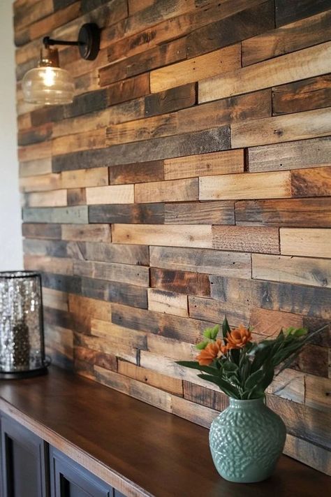 "Elevate your decor with a DIY Pallet Wood Wall! 🛠️🌲 A great way to add texture and rustic appeal to your space. 🌿✨ #PalletProjects #RusticWall #HomeInspiration" Farmhouse Pallet Wall, Wood Pallet Wall Outdoor, Kitchen Pallet Wall, Repurposed Wood Wall, Diy Wooden Accent Wall, Metal And Wood Walls, Pallet Wood Wall Ideas, Indoor Pallet Projects, Diy Pallet Flooring Indoors