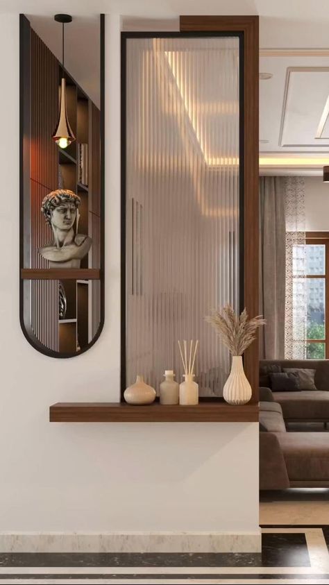 Small Partition Design Living Rooms, Partion Ideas Wall Dividers, Partition Ideas Living Spaces, Foyer Partition Ideas, Hall Partion Ideas, Hall Partition Living Rooms, Partition Design Living Rooms, Walls Decoration Ideas, Modern Room Partitions