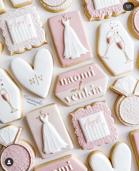 Bridal Shower Cookies Pink, Flooded Cookies, Engagement Party Cookies, Bridal Brunch Food, Bride Cookies, Wedding Cookies Decorated, Pink Calendar, Wedding Dress Cookies, Wedding Shower Cookies