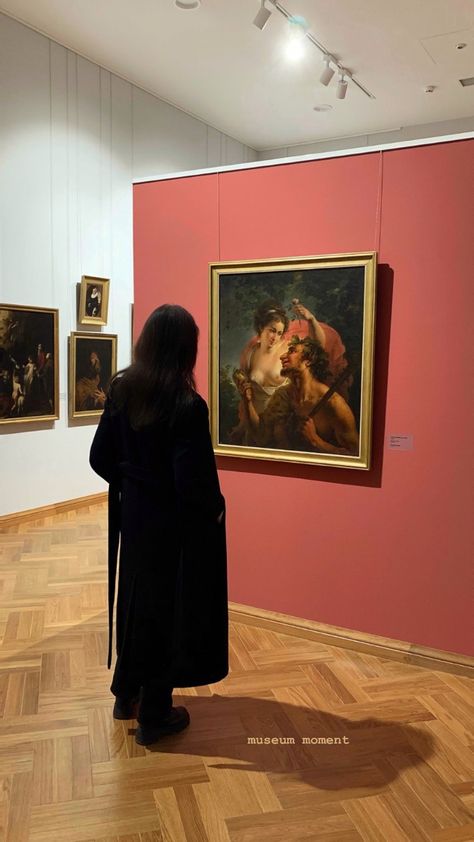 Girl in a black coat standing in front of oil painting faun and nymph in art museum instagram story caption Museum Pic Caption, Art Museum Instagram Captions, Museum Date Caption, Captions For Art Museum, Museum Ig Caption, Story Instagram Caption, Museum Aesthetic Captions, Art Museum Captions Instagram, Art Gallery Instagram Story