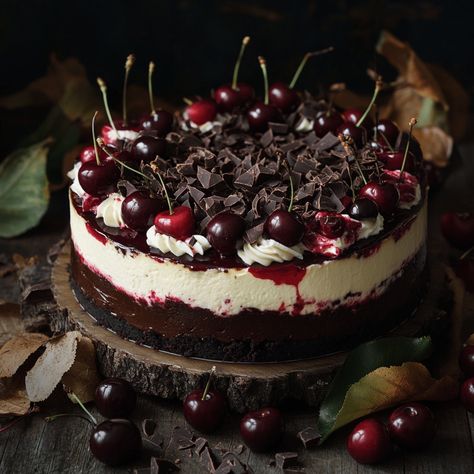 Christmas Pudding Cheesecake, Cherry Chocolate Cheesecake Recipes, Black Forest Cherry Cheesecake, Chocolate Covered Cherry Cheesecake, Black Forest Cheesecake Symphony, No Bake Black Forest Cheesecake, Black Forest Tiramisu, Blackforest Cheesecake Recipes, Chocolate Cherry Desserts