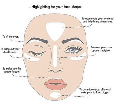 These are the most common places that should be highlighted on EVERY faceshape! Highlighter Placement Make Up, What Is Makeup Theory, Contour Guide, Plucking Eyebrows, How To Use Makeup, Makeup Tutorial Step By Step, Makeup Illustration, New Hair Do, Makeup Artist Tips