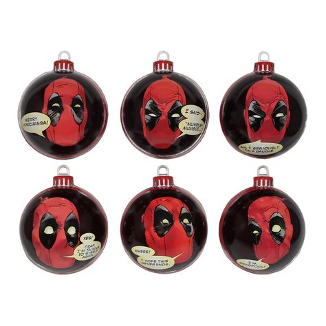 Preorder: Due to ship 30th November 2016 Time for your Christmas tree to get some attitude. With this Official Marvel Deadpool Bauble pack you can get the face of the reckless, fun-loving mercenary Deadpool on 6 baubles, with a range of wacky phrases, and the design also features a graphic interpretation of Deadpool’s mask on the back of … Geeky Christmas Decorations, Deadpool Gifts, Deadpool Christmas, Baubles Christmas, Gaming Merchandise, Acrylic Craft Paint, Xmas Tree Decorations, Christmas Tree Baubles, Marvel Deadpool