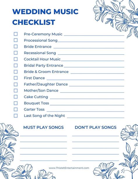 Wedding Song Template, Wedding Songs List For Dj, Dj List For Wedding Receptions, Ceremony Decor Checklist, Wedding Music List Template, Wedding Reception Song List, Songs Needed For Wedding List Of, Dj Checklist For Wedding, Reception List For Wedding