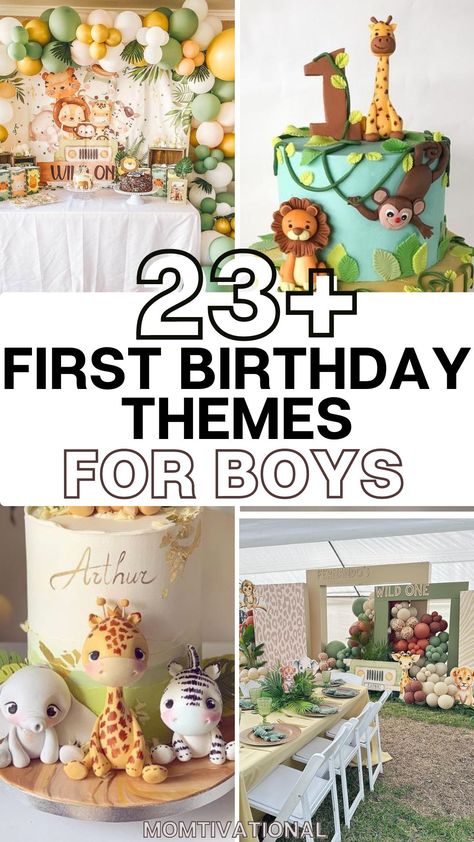 Discover a vast selection of 23 charming themes for boys' first birthdays that will help you create lasting memories! Whether your little one is into superheroes or enjoys exploring the wild jungle, there is a perfect theme to commemorate this special milestone. Celebrate in style and make it a day to remember with these fantastic first birthday ideas for boys! 1st Birthday Party At Park, Theme For Baby Boy 1st Birthday, Baby First Bday Ideas, Boy Baby Birthday Theme, 1st Birthday Baby Boy Theme, First Bday Boy Birthday Themes, 1 Year Birthday Boy Theme, 1st Birthday For Boy, One Year Theme Birthday Boy