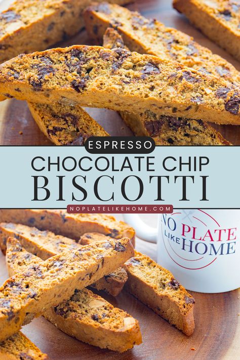 Easy Espresso Chocolate Chip Biscotti are perfect for dunking in your coffee and will satisfy your sweet tooth. They're made with roasted almonds and chocolate chips for tasty Italian cookies that are irresistible. They're perfect for holiday baking so add them to your Christmas cookie list. Click on the link to get this delicious recipe! Espresso Biscotti Recipe, Chocolate Almond Biscotti Recipe, Espresso Biscotti, Chocolate Chip Biscotti Recipe, Easy Espresso, Chocolate Chip Biscotti, Italian Christmas Cookie Recipes, Almond Biscotti Recipe, Cookie Exchange Recipes