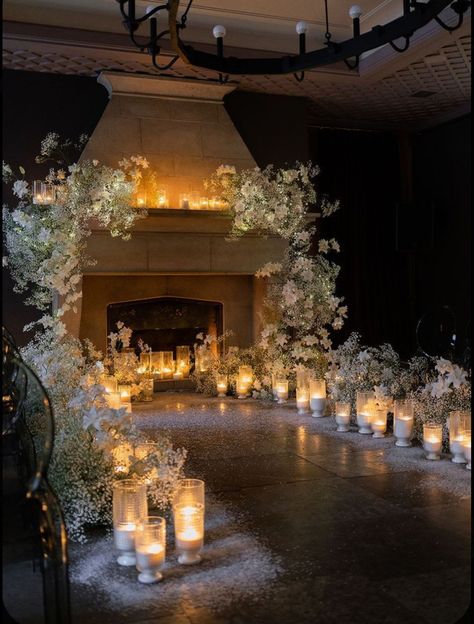 Candle Stage Design, Indoor Proposal, Candle Wedding Ceremony, Fireplace Wedding Decor, Candle Lit Wedding Ceremony, Wedding Ceremony Candles, Candlelit Wedding Ceremony, Candle Light Wedding, Indoor Wedding Ceremony