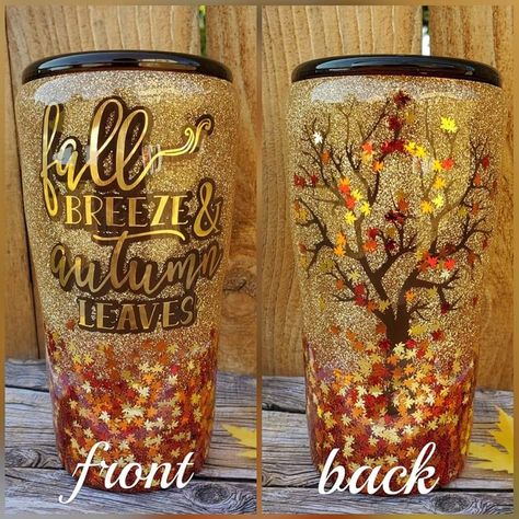 fall cup with leaves Diy Tumbler Cups, Yeti Cup Designs, Tumbler Cups Personalized, Fancy Cup, Fall Tumbler, Diy Tumbler, Vinyl Tumblers, Glitter Tumbler Cups, Yeti Cup