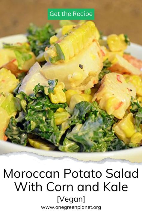 Grilling season is here! Everybody loves potato salads, but sometimes it's fun to rock tradition. With that in mind, give this Moroccan Potato Salad with Corn and Kale a try! Be sure to add any other vegetables that you can't resist at the farm market, such as those gorgeous radishes that are now in season. This sensational (and so easy!) potato salad is the perfect side for burgers or not dogs, grilled egpplant or tofu, tempeh, or seitan steaks, and so much more. Moroccan Potato Salad, Kale Farro Sweet Potato Salad, Fresh Herb Potato Salad, Lemon Herb Potato Salad, Vegan Dill Potato Salad, Easy Potato Salad, Moroccan Food, Grilling Season, Seitan