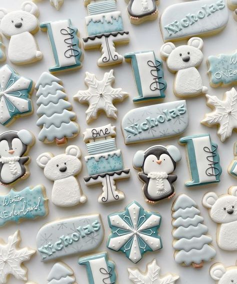 Winter Onederland Cookies, Winter Onederland Party Boy, Snow Cookies, First Birthday Cookies, Winter Cookies, Winter Onederland Party, Sugar Cookie Royal Icing, Winter Onederland Birthday, Winter Cookie