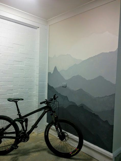 Mountain mural in the garage. Garage Murals, Garage Mural, Geometric Wall Paint, Blue Painted Walls, Camper Reno, Mountain Mural, Interior Murals, Wall Murals Painted, Black Brick