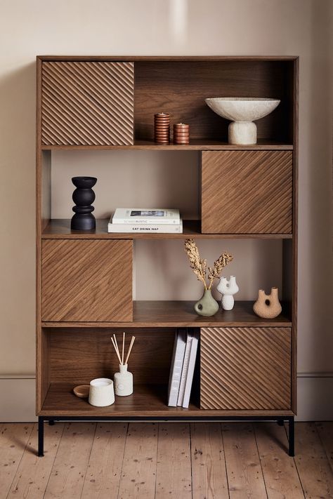 Dark Marlow Oak Effect Bookcase Bookcase Style Ideas, Dark Oak Bookshelf, Hall Bookshelf Ideas, Dark Wood Living Room Decor, Office Dark Wood, Dark Wood Bookshelves, Lounge Cabinets, Libreros Aesthetic, Dark Wood Furniture Living Room