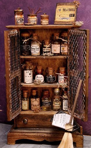 Potion Cabinet, Witches Cottage, Halloween Apothecary, Haunted Dollhouse, Apothecary Cabinet, Theme Harry Potter, Halloween Miniatures, Witch House, Miniature Diy