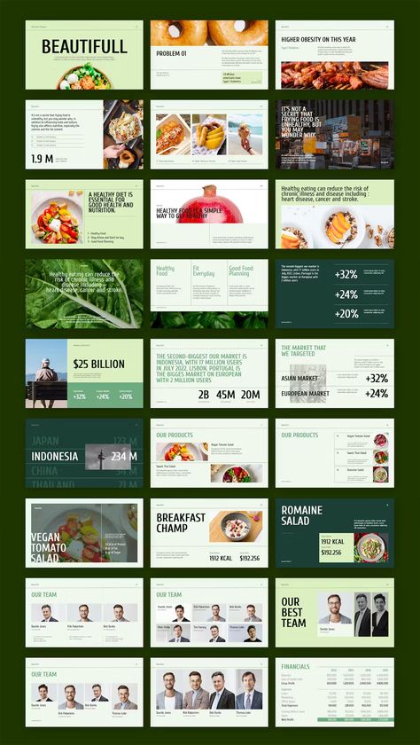 Beautifull Healthy Food Pitch Deck Powerpoint Template. 30 Clean Slides. Brand Pitch Presentation, Presentation Design Ideas Creative, Sales Deck Design Inspiration, Divider Slide Design Powerpoint, Pitch Desk Layout, Presentation Deck Template, Marketing Deck Design, Creative Deck Design, Pitch Deck Layout Design