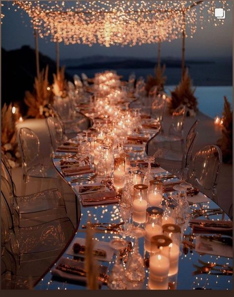 Fairy Light Beach Wedding, Wedding Venues Fairy Lights, Candle Light Beach Wedding, Beach Wedding Fairy Lights, Beach Debut Theme, Beach Wedding At Sunset, Beach Wedding At Night, Nighttime Beach Wedding, Night Time Beach Wedding