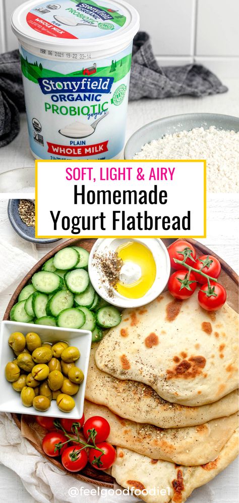 Recipe Using Plain Yogurt, Yogurt Flatbread Recipe, Greek Yoghurt Recipes, Plain Yogurt Recipes, Yogurt Pizza Dough, Yogurt Flatbread, Chicken Caesar Pasta, Yogurt Bread, Caesar Pasta Salad