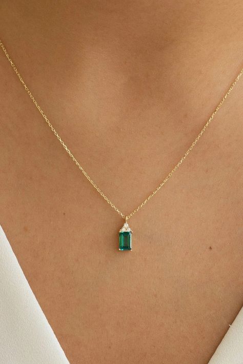 Gold Emerald Necklace, Yellow Gold Emerald Pendant, White Gold Emerald Charm, Rose Gold Emerald Jewelry, Emerald Cut Pendant - Etsy Gold Necklace With Emerald, Gold Emerald Bracelet, Emerald And Gold Necklace, Gold And Green Necklace, Emerald Pendant Design, Emerald And Gold Jewelry, Dainty Emerald Necklace, Simple Ruby Necklace Designs, Green Stone Pendant Gold