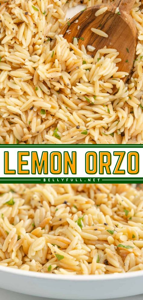 Ready in just 20 minutes, this delicious and light Lemon Orzo recipe is a quick and easy side dish that completes any weeknight dinner. Pairs well with chicken, steak, salmon, or any other protein of choice. Orzo Recipes Asian, Sea Food Side Dishes, Side That Go With Steak, Orzo Recipes With Salmon, Lemon Dishes Meals, Pasta Side With Salmon, Steak And Salmon Dinner Sides, Vegetable Side Dishes For Salmon, Sides Dishes With Salmon