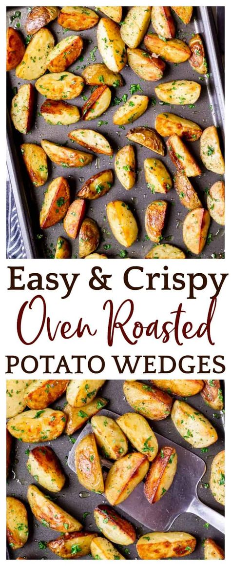 Homemade Oven Roasted Potato Wedges are super easy to make and the perfect side for so many dishes. The recipe will give you potatoes that are golden and crispy on the outside and melt-in-your-mouth creamy tender on the inside. | #roastedpotatoes #potatoes #sidedishes #sides #easyrecipes Oven Roasted Potato Wedges, Homemade Potato Wedges, Oven Roasted Potatoes Easy, Easy Roasted Potatoes, Roasted Potato Wedges, Potato Wedges Recipe, Potatoes In Oven, Au Gratin Recipes, Potato Wedges Baked